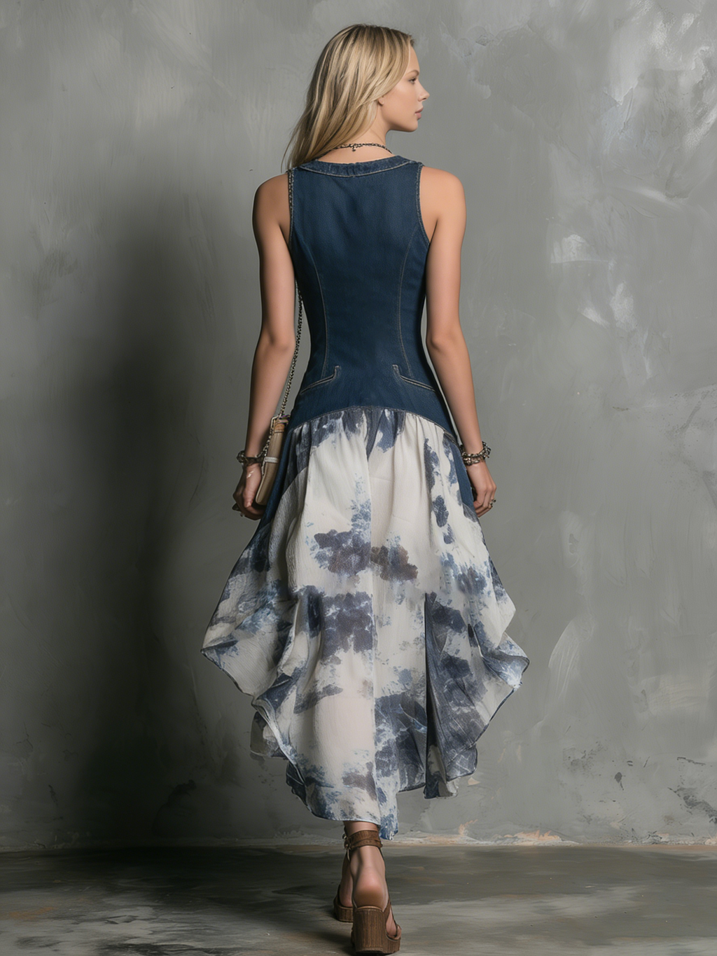 Fashionable Retro Collared Sleeveless Button-print Midi Dress