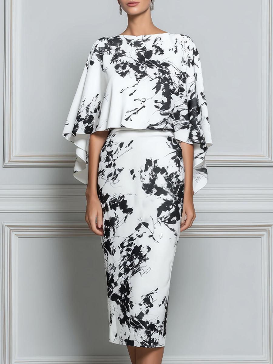 Abstract Print Sheath Dress With Detachable Capelet