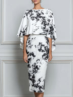 Abstract Print Sheath Dress With Detachable Capelet
