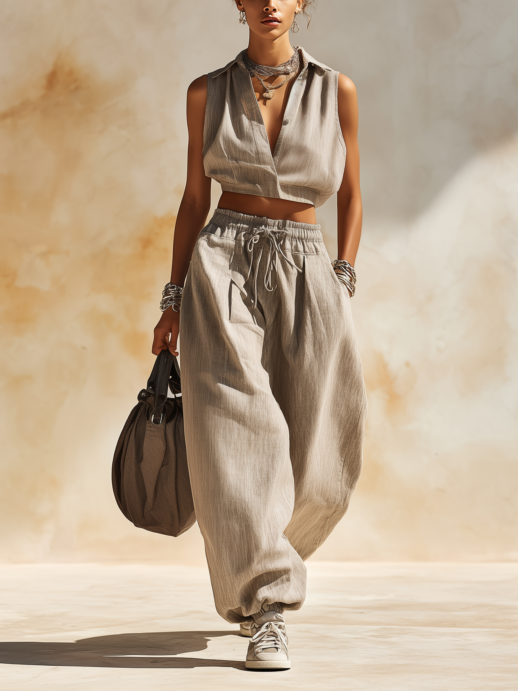 Linen-Blend Cropped Vest & Balloon Pants Two-Piece Set | Casual Chic Loungewear