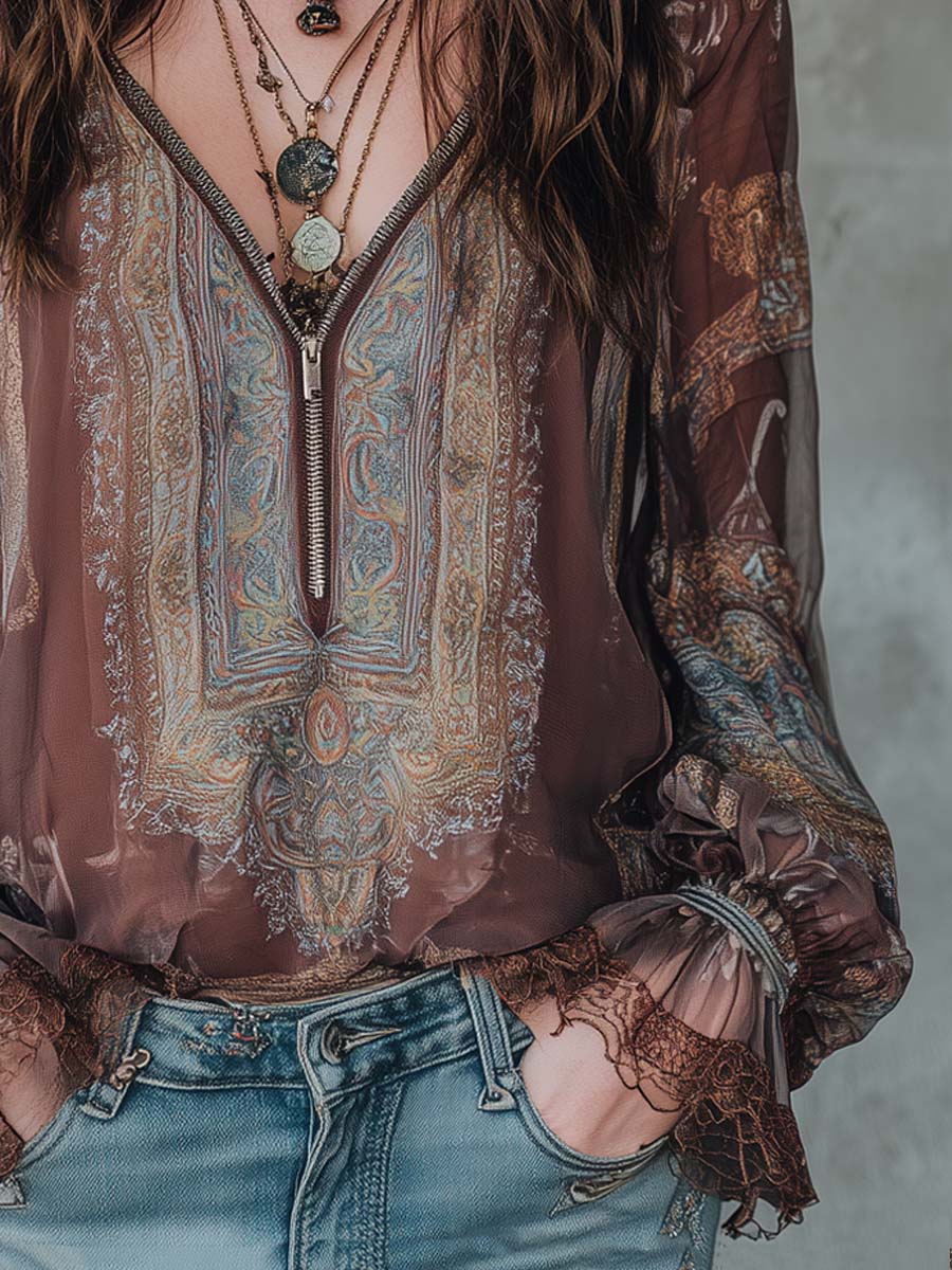 Vintage Ethnic Style Floral Lace Cuffs Blouse