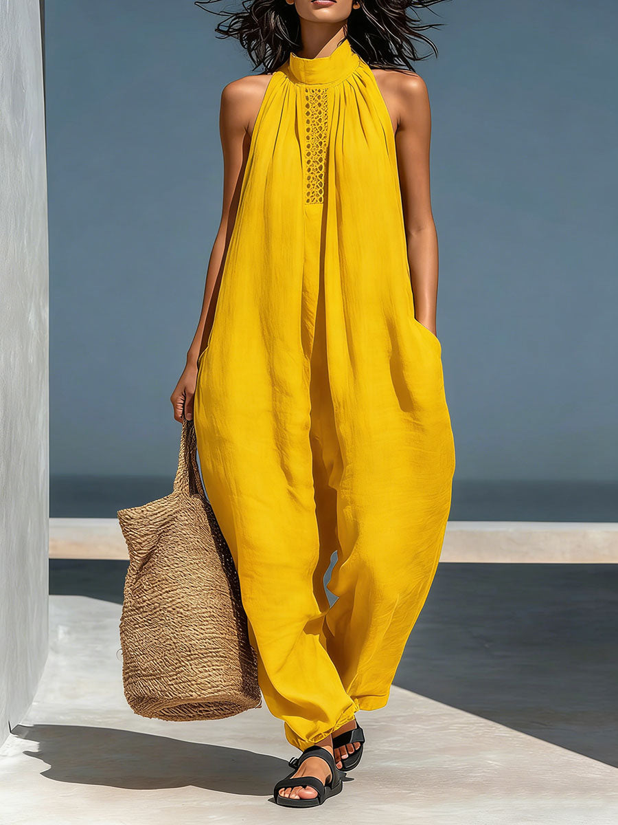 Women's Stand-up Collar Sleeveless Casual Loose Cotton And Linen Wide-leg Jumpsuit
