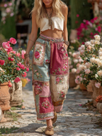 Vintage Retro Rose And Floral Patchwork Art Linen Pants