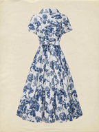 Midi Linen Dress , Short Sleeves, Shawl Collar, Floral, Vacation, Vintage, Blue