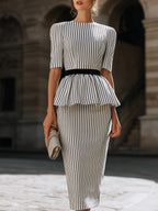 Striped Peplum Top And Pencil Skirt Set