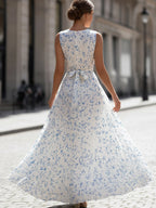 White & Blue Ditsy Floral Sleeveless Pleated Maxi Dress