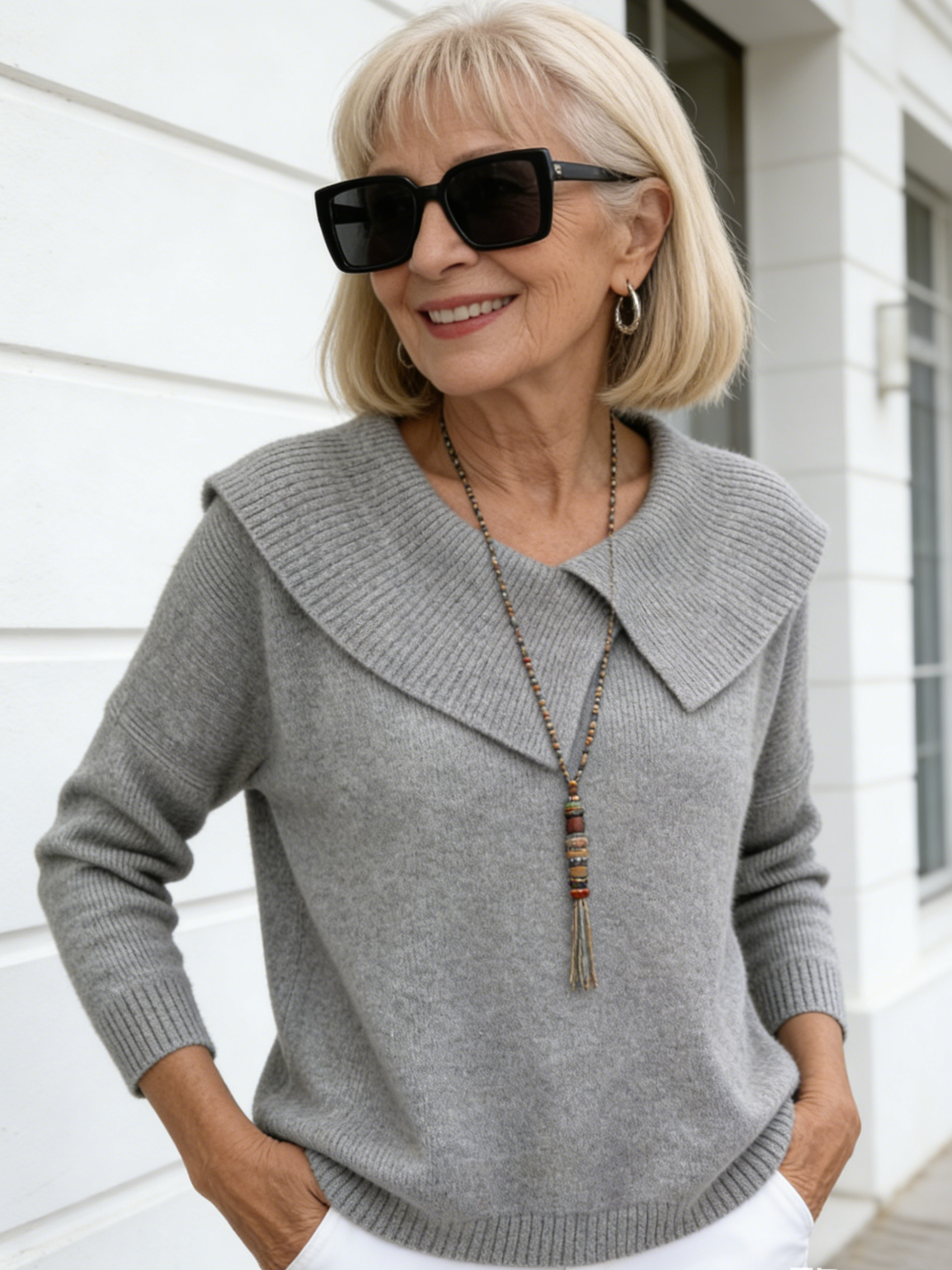 Fashion Temperament Slimming Lapel Sweater Versatile Knitting Lazy Temperament