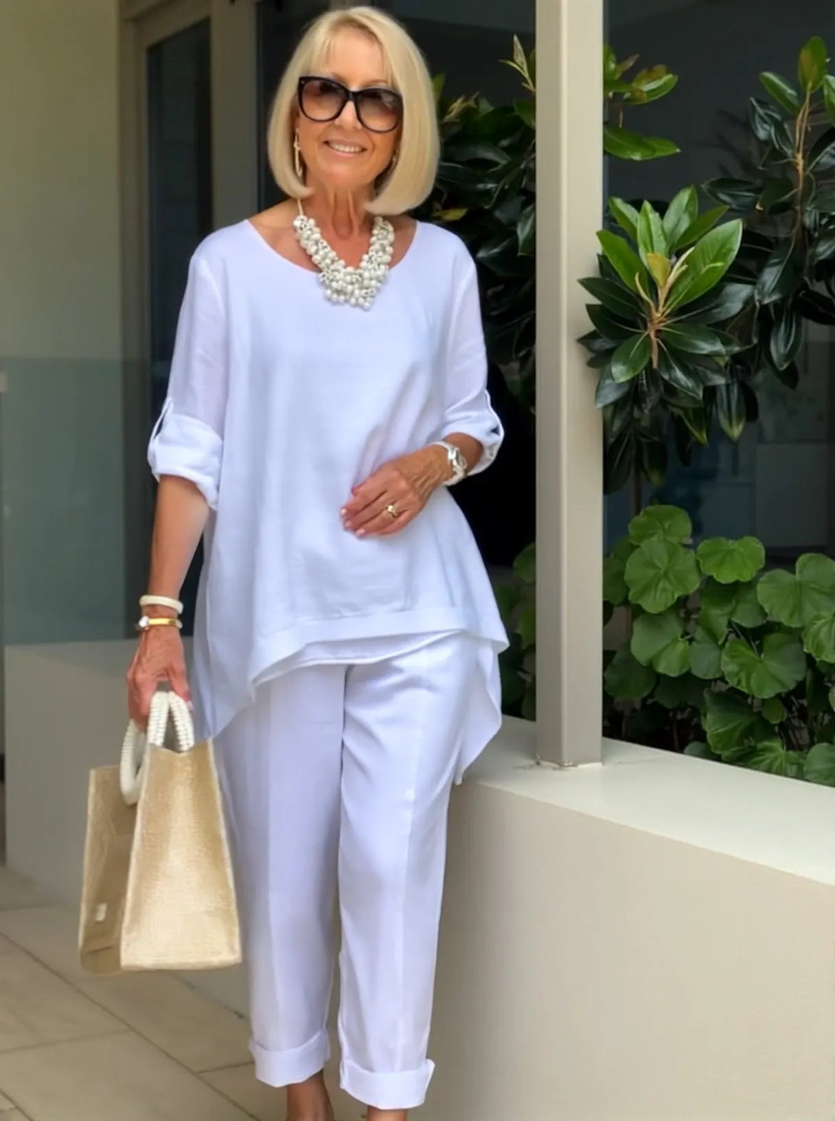 Double-layered Solid Color Cotton and Linen Two-piece Loose Casual Soft Shirt Pants