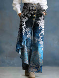 Women's Vintage Blue Gradient Floral Print Stylish Design High-waisted Relaxed Fit Wide-leg Jeans
