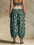 Teal Polka Dot High-Waisted Harem Pants With Drawstring Waist