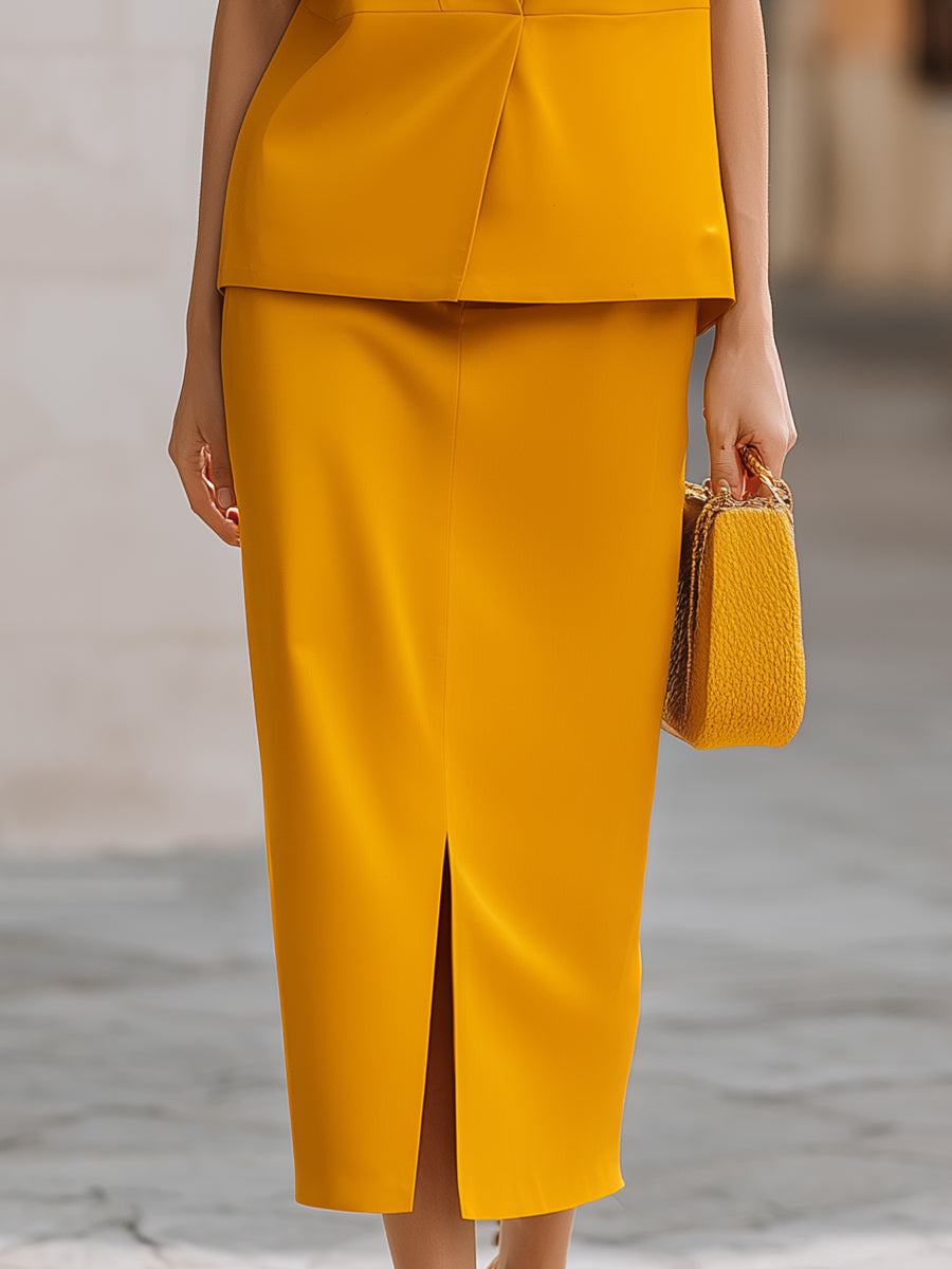 Stand Collar V-Neck Sleeveless Vest & Slit Midi Skirt Two-Piece Set