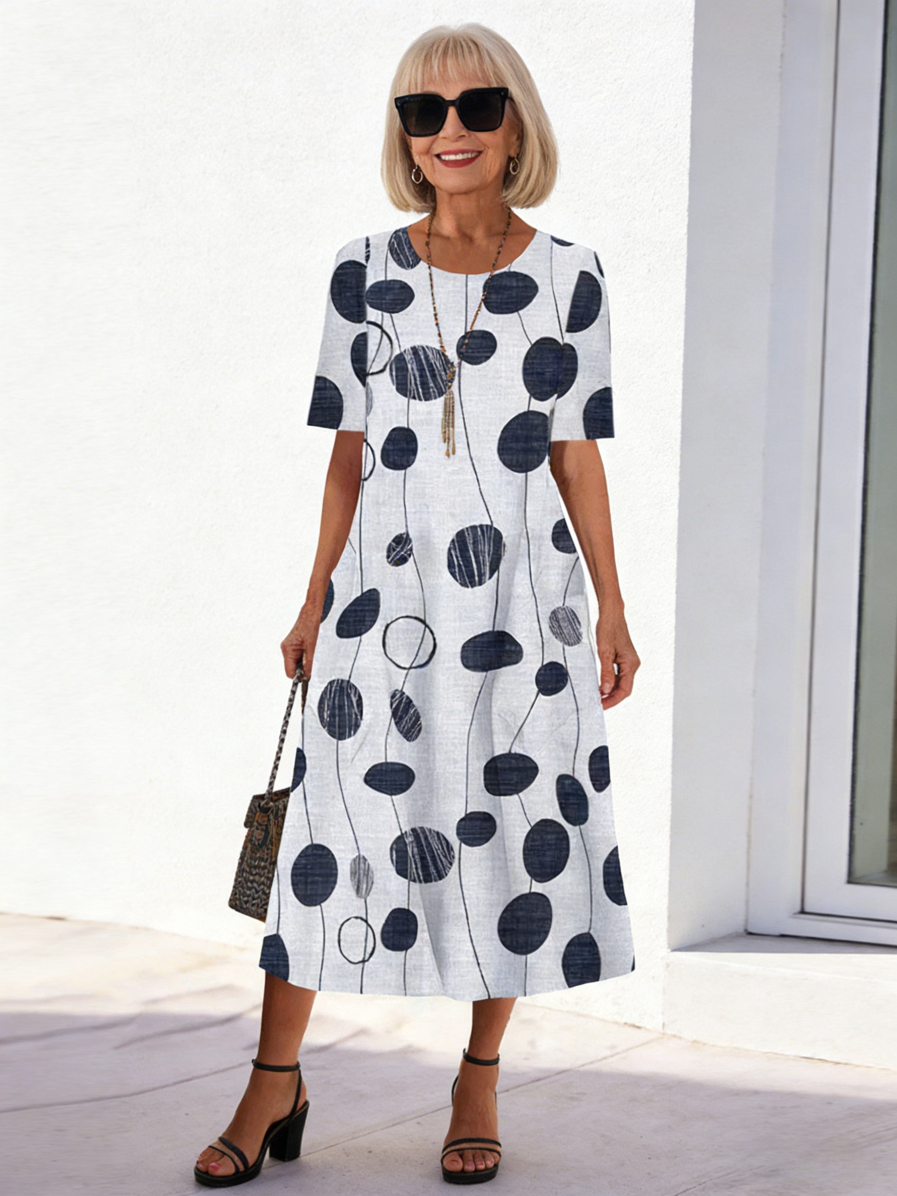 Women's Short Sleeve Scoop Neck Floral Printed Midi Dress With Pockets