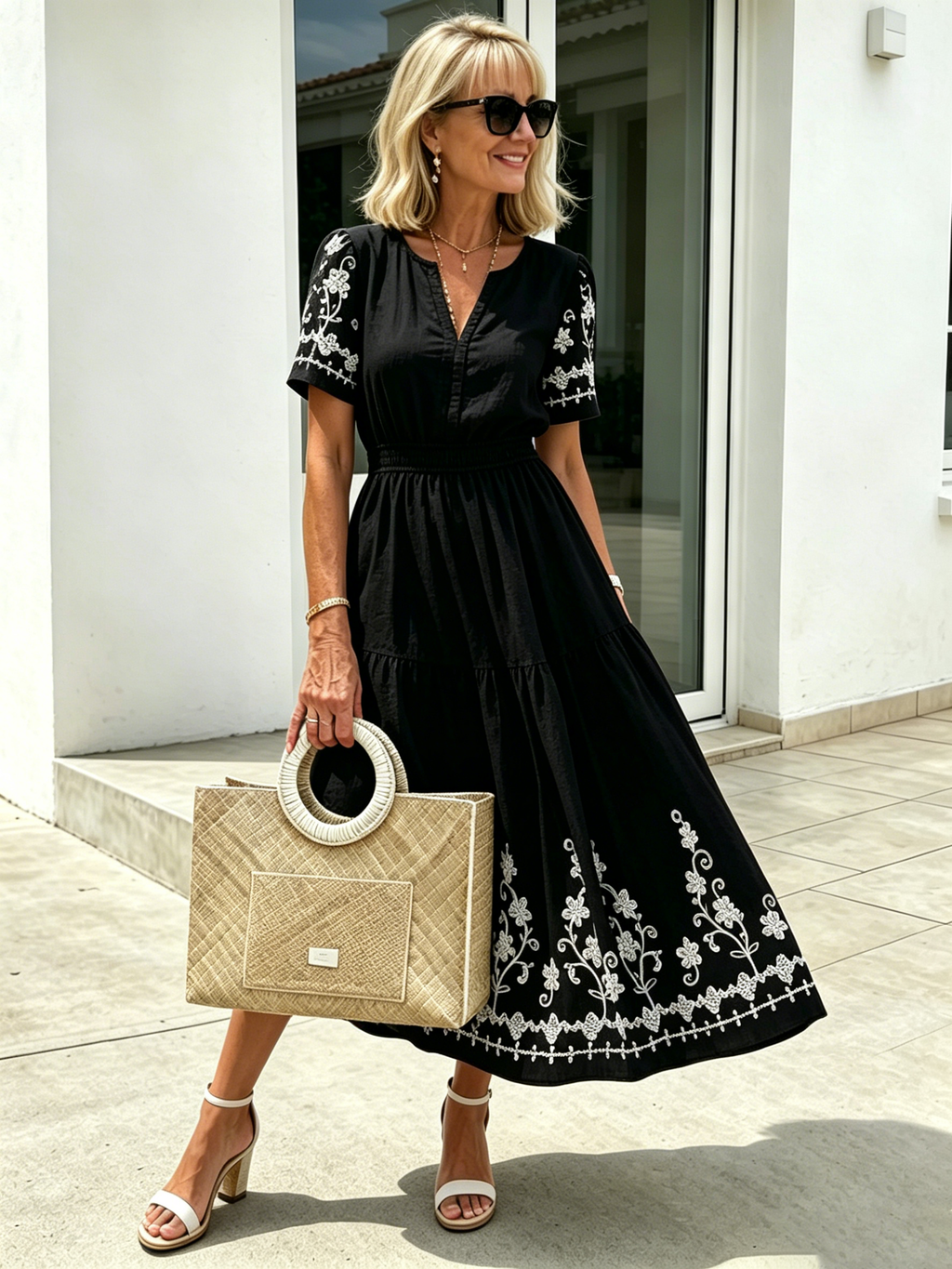 Simia Floral Short-sleeved Dress V-neck A-shaped Skirt