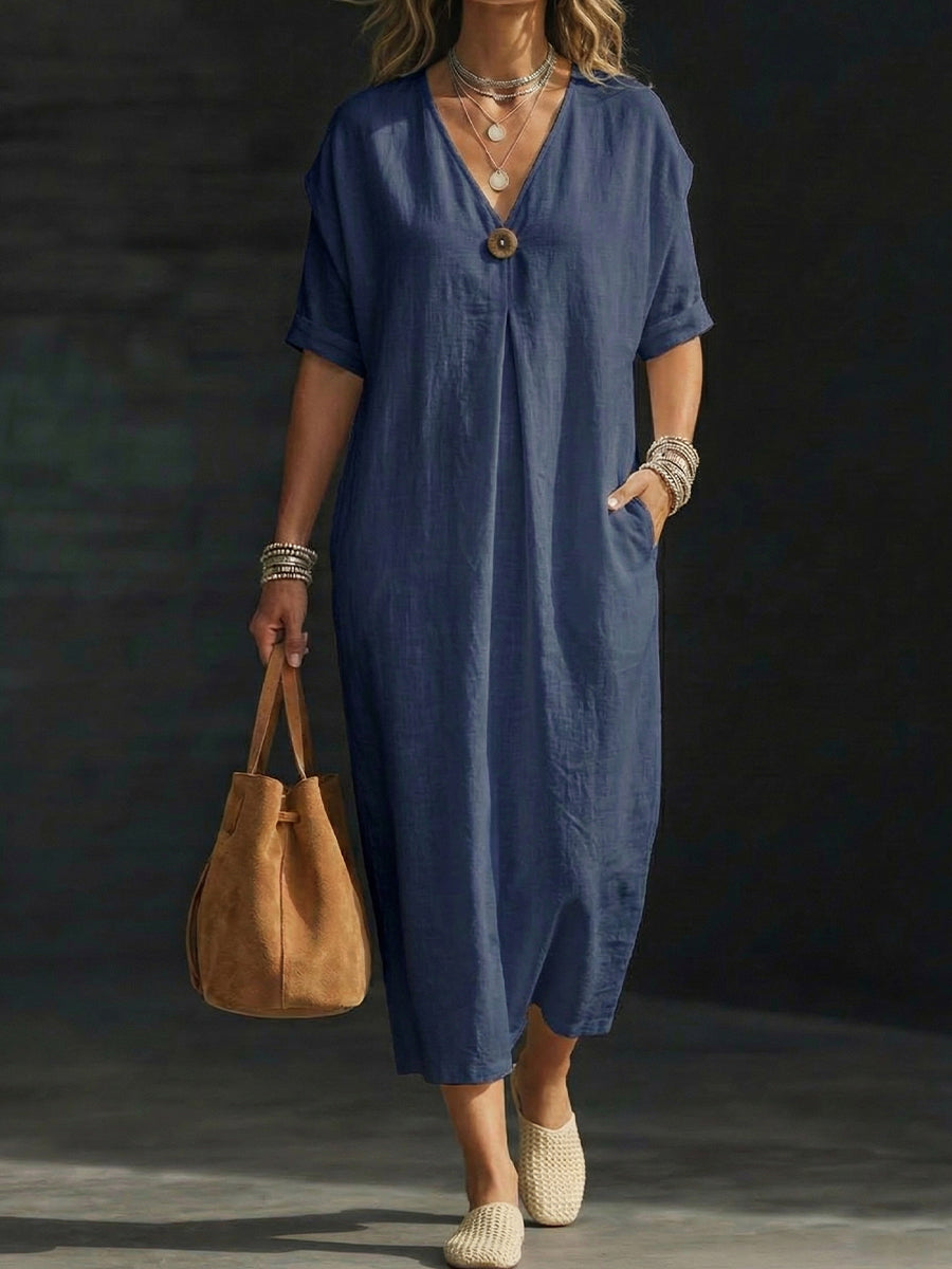 Women's Linen V-neck Single-button Short-sleeve Dress