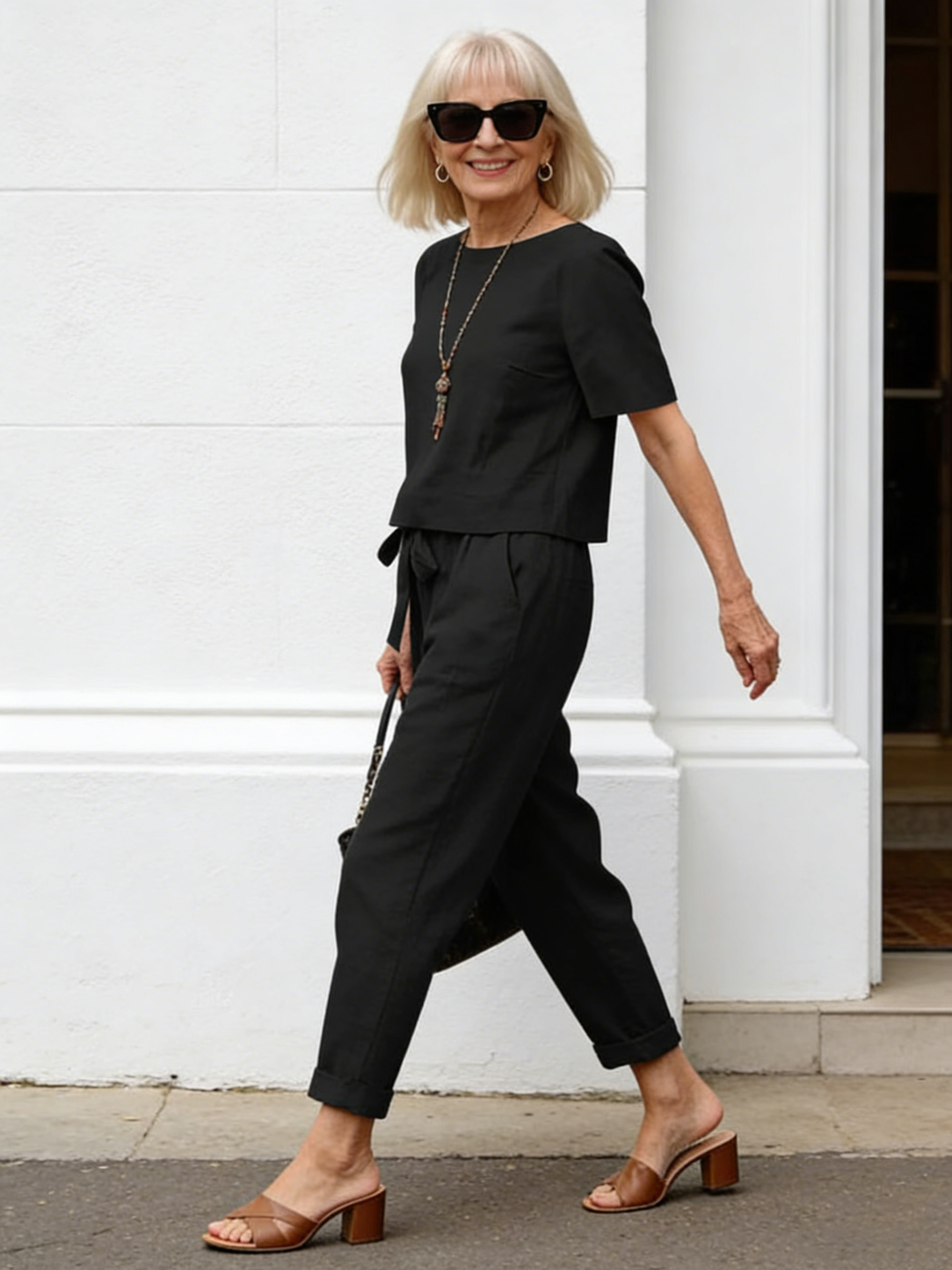 2Pcs Summer Fashion Solid Color Short-Sleeved Trousers Two-Piece Suit (Including Belt)