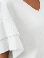 Textured Fabric Solid Color V-Neck Lotus Leaf Sleeve Short Sleeve T-Shirt Top