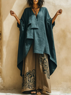 Boho Artistic Cut Long Shirt And Wide-leg Pants Cotton Linen Two-piece Set