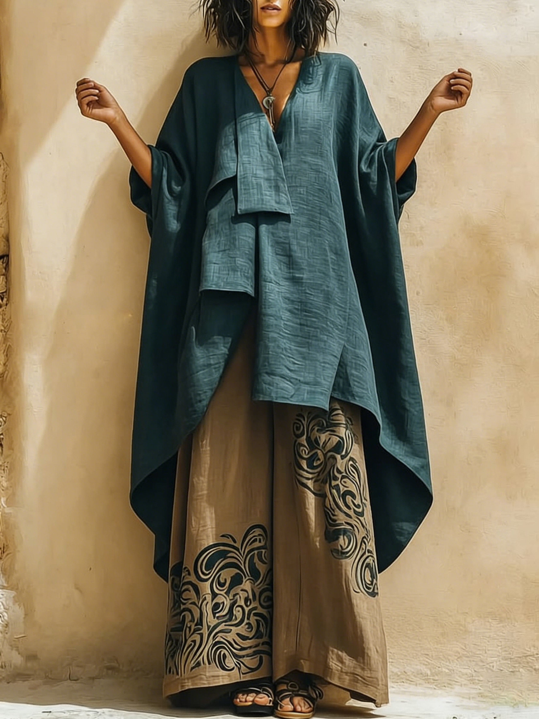 Boho Artistic Cut Long Shirt And Wide-leg Pants Cotton Linen Two-piece Set