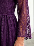 Purple Lace Midi Dress, Mock Neck Sheer 3/4 Sleeve Elastic Waist Slimming Swing Dress for Mature Women