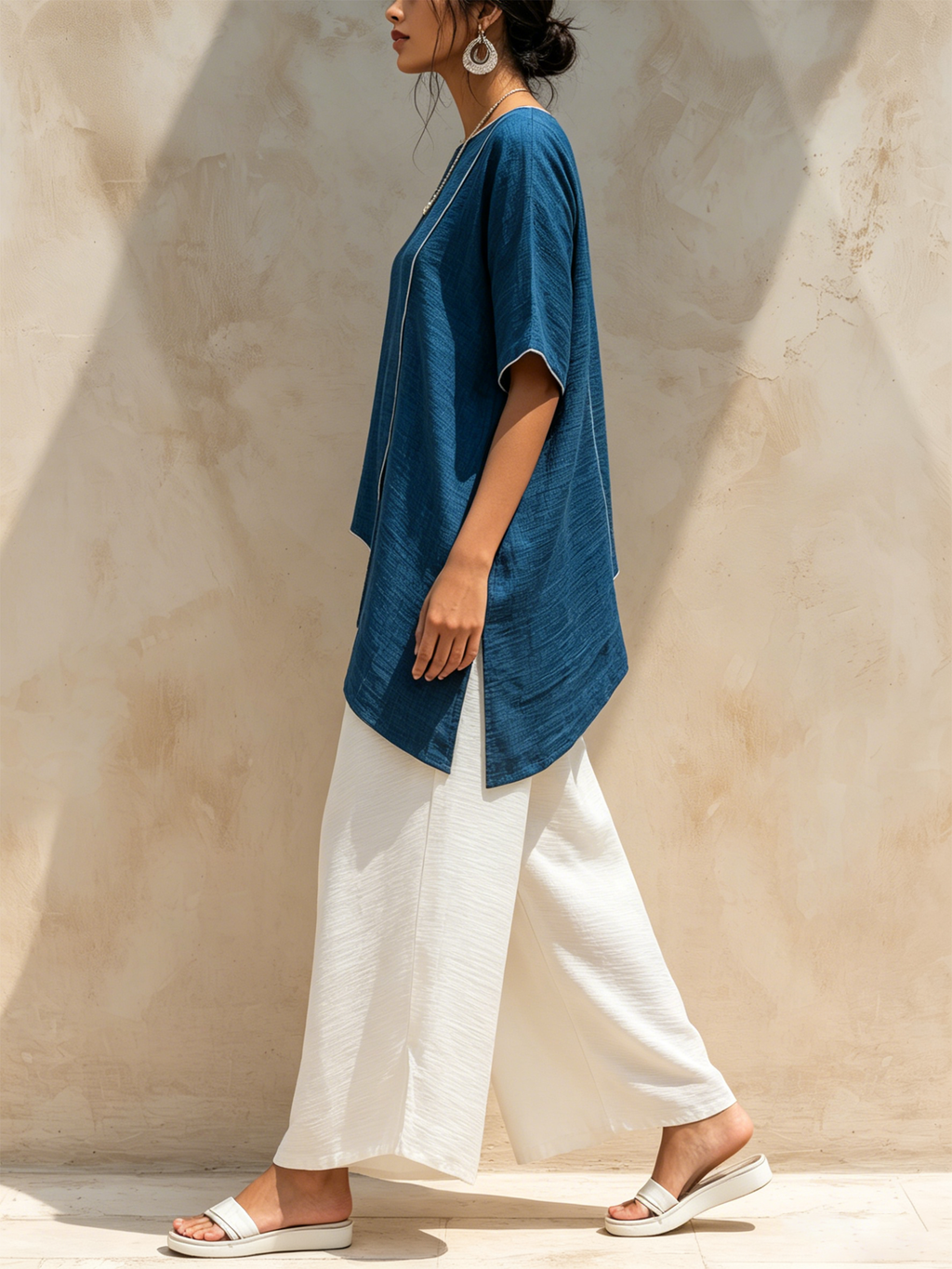 Blue Asymmetrical Top & White Wide-Leg Pants Two-Piece Set