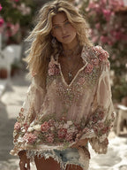 Vintage Rose Embroidery Art V-neck Long Sleeve Boho Shirt