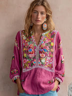 Women's Vintage Flower Embroidery V-neck Long Sleeve Linen Blend Blouse