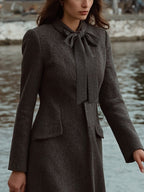 Wool Trench Coat, Long Sleeves, Plain, Pocket Design, Vintage, Deep Gray