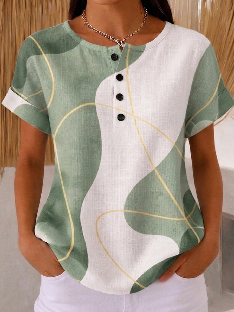 Artistic Line Print Cotton-linen Blouse