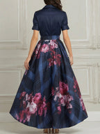 Deep V-Neck Floral Print A-Line Midi Dress