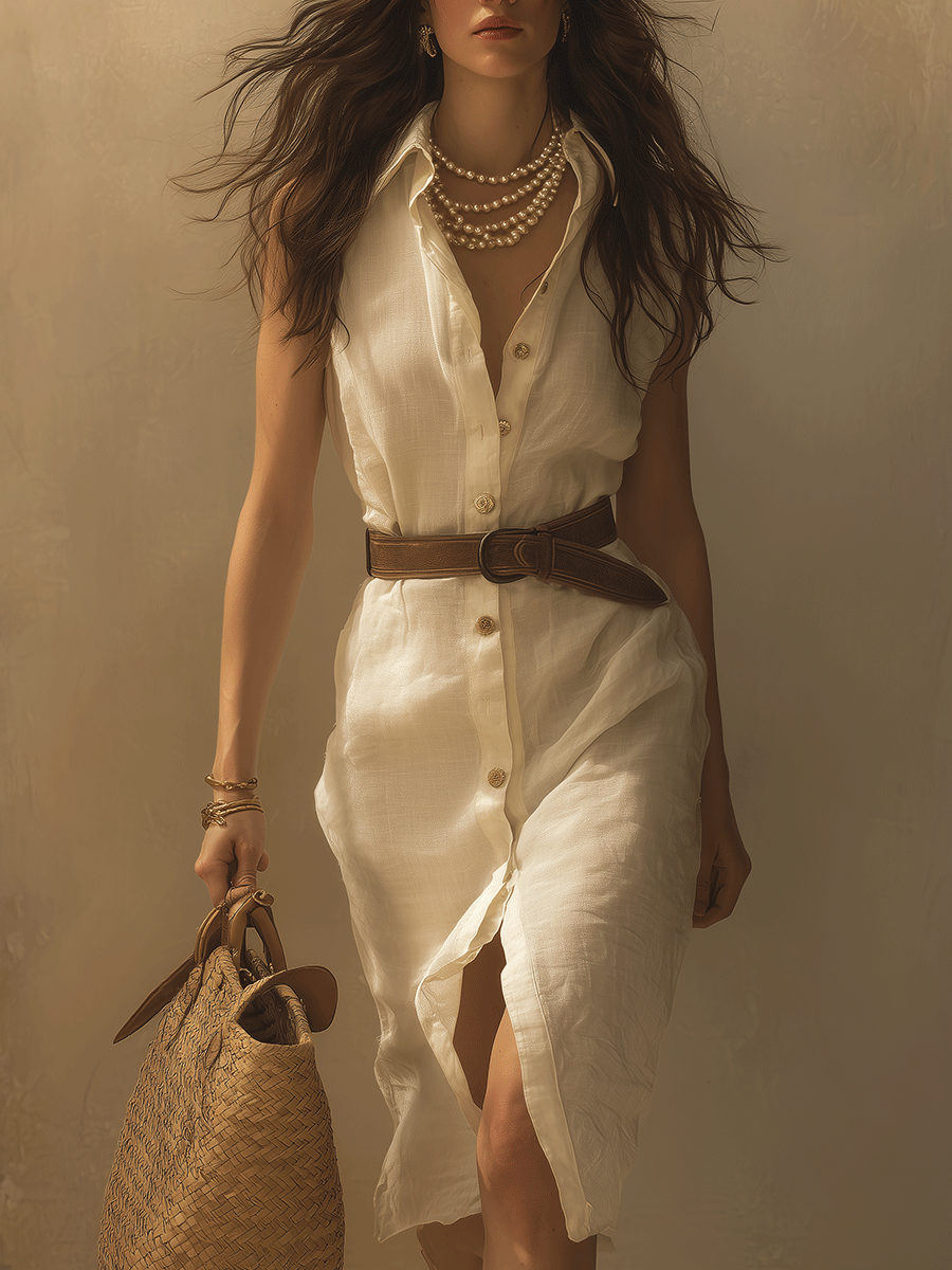 Boho Sleeveless Belted Button-Front Linen  Shirt Midi Dress