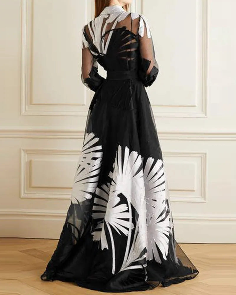 Shirt collar maxi dress organza print