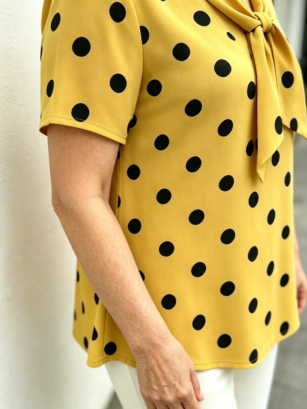 Yellow Polka Dot Chiffon Blouse, V Neck Front Tie Short Sleeve Loose Tummy Concealing Shirt for Mature Women