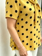Yellow Polka Dot Chiffon Blouse, V Neck Front Tie Short Sleeve Loose Tummy Concealing Shirt for Mature Women