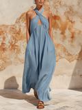 Light Blue Tencel Denim Halter Maxi Dress