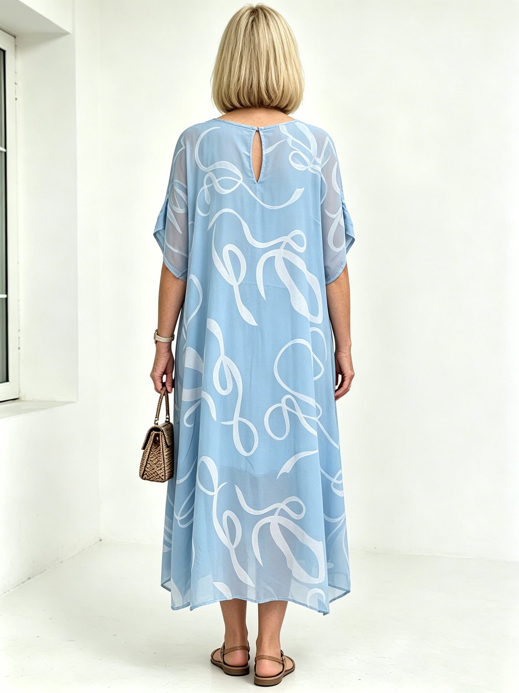 Black Abstract Print Chiffon Midi Dress, V-Neck Short Sleeve Loose Tummy Concealing Back Tie Vacation Dress for Mature Women
