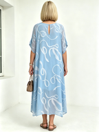 Black Abstract Print Chiffon Midi Dress, V-Neck Short Sleeve Loose Tummy Concealing Back Tie Vacation Dress for Mature Women