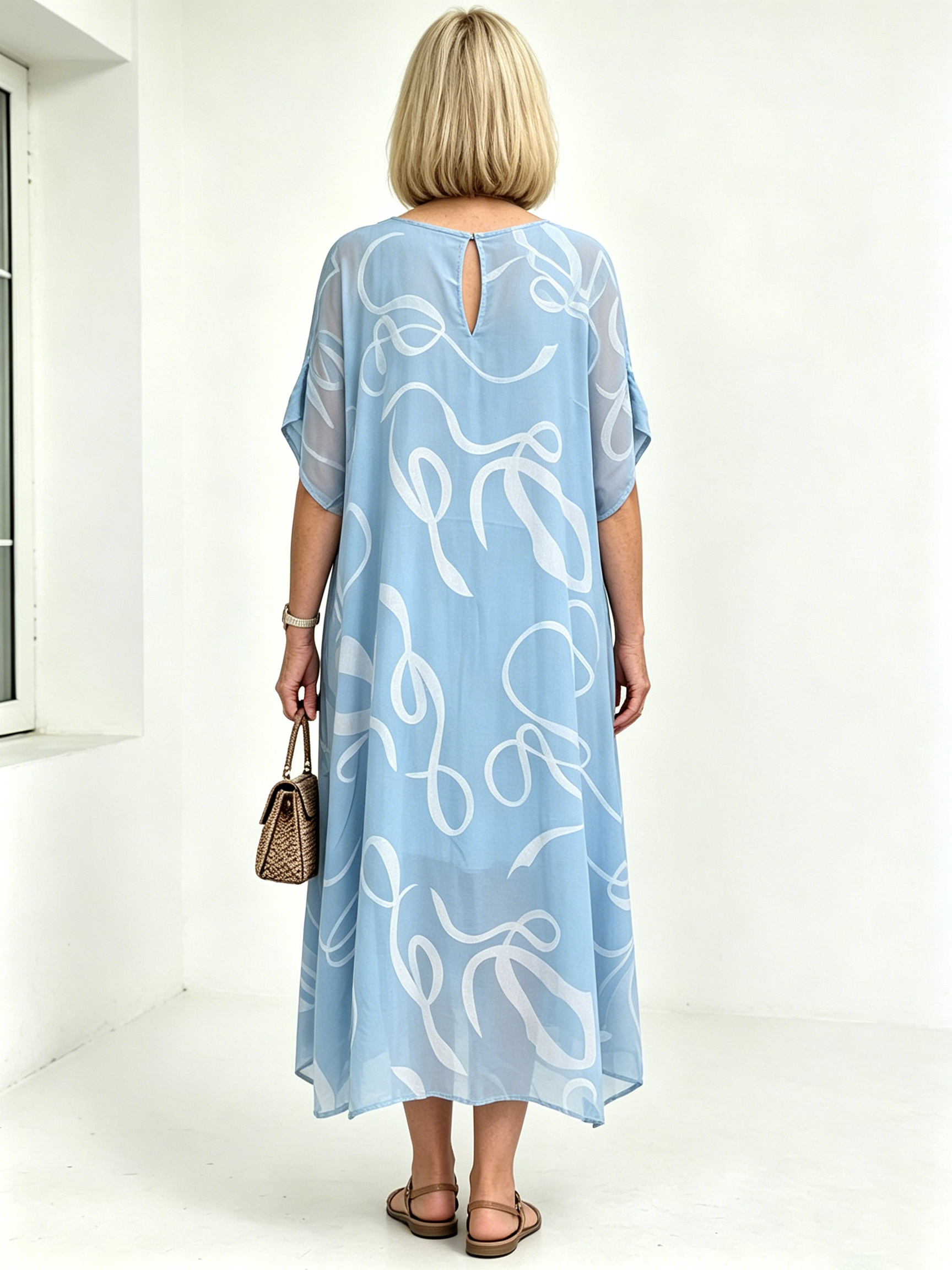 Black Abstract Print Chiffon Midi Dress, V-Neck Short Sleeve Loose Tummy Concealing Back Tie Vacation Dress for Mature Women