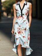 Light Blue Satin Floral Dress With Black Collar Trim