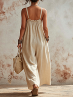 Linen-Blend Gathered Neckline Wide-Leg Jumpsuit