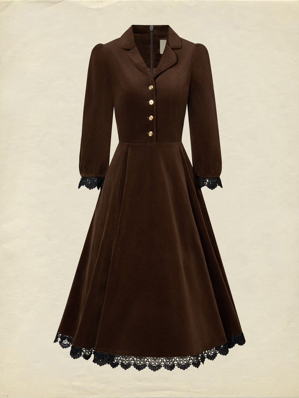 Midi Cotton Dress, Half Sleeve, Lapel Collar, Plain, Lace, Vintage, Coffee