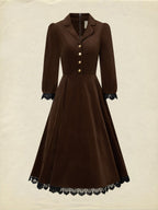 Midi Cotton Dress, Half Sleeve, Lapel Collar, Plain, Lace, Vintage, Coffee