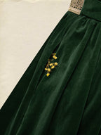 Maxi Cotton Dress, Long Sleeves, Square Neck, Plain, Lace, Vintage, Green