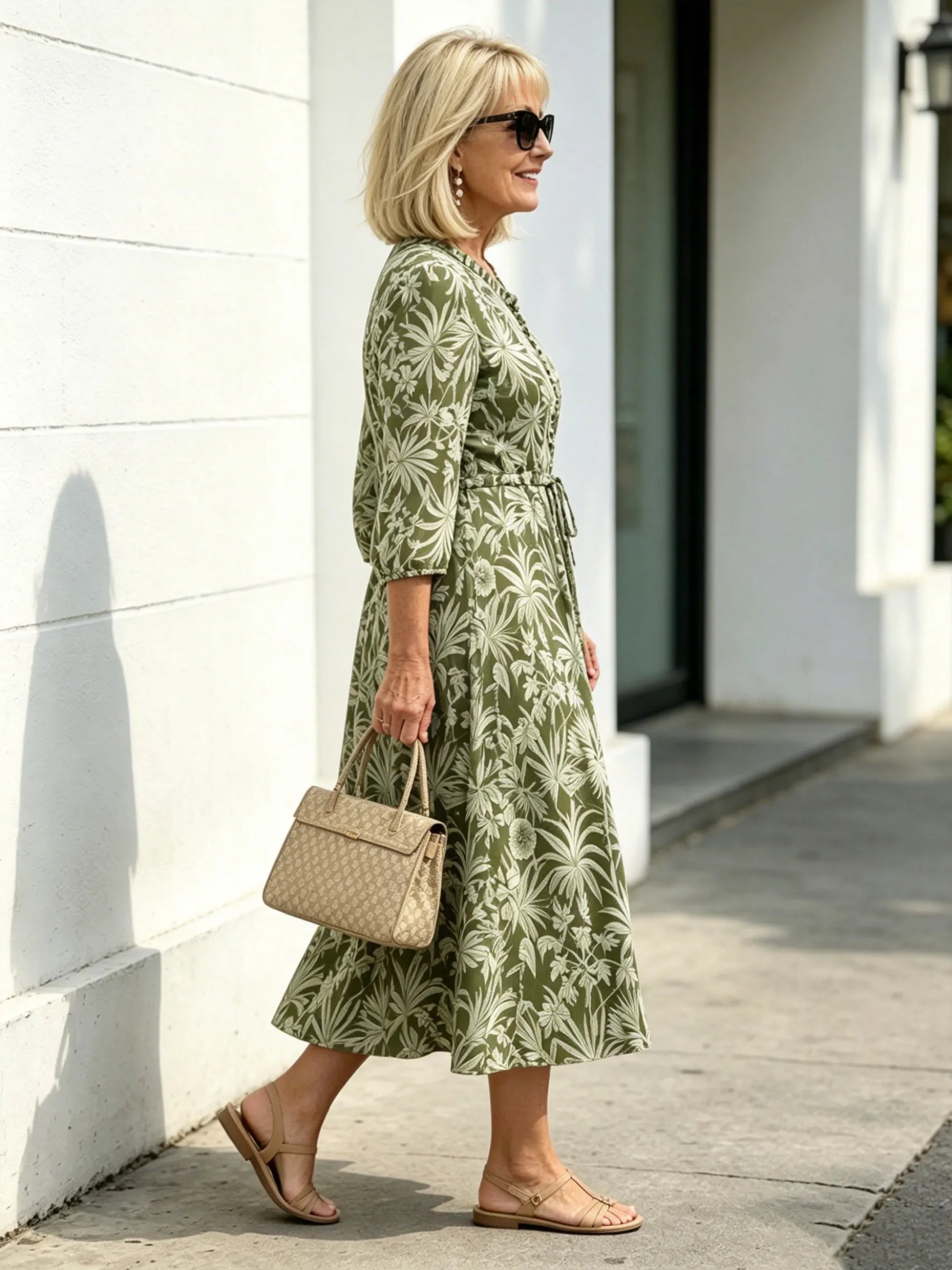 Navy Vintage Floral Maxi Dress, Ruffle Neck 3/4 Sleeve Elastic Waist Slimming Dress for Mature Women