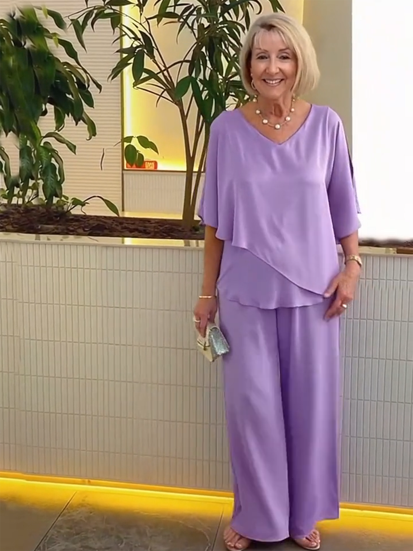 2Pcs Gray Double Layer Tunic Pantsuit