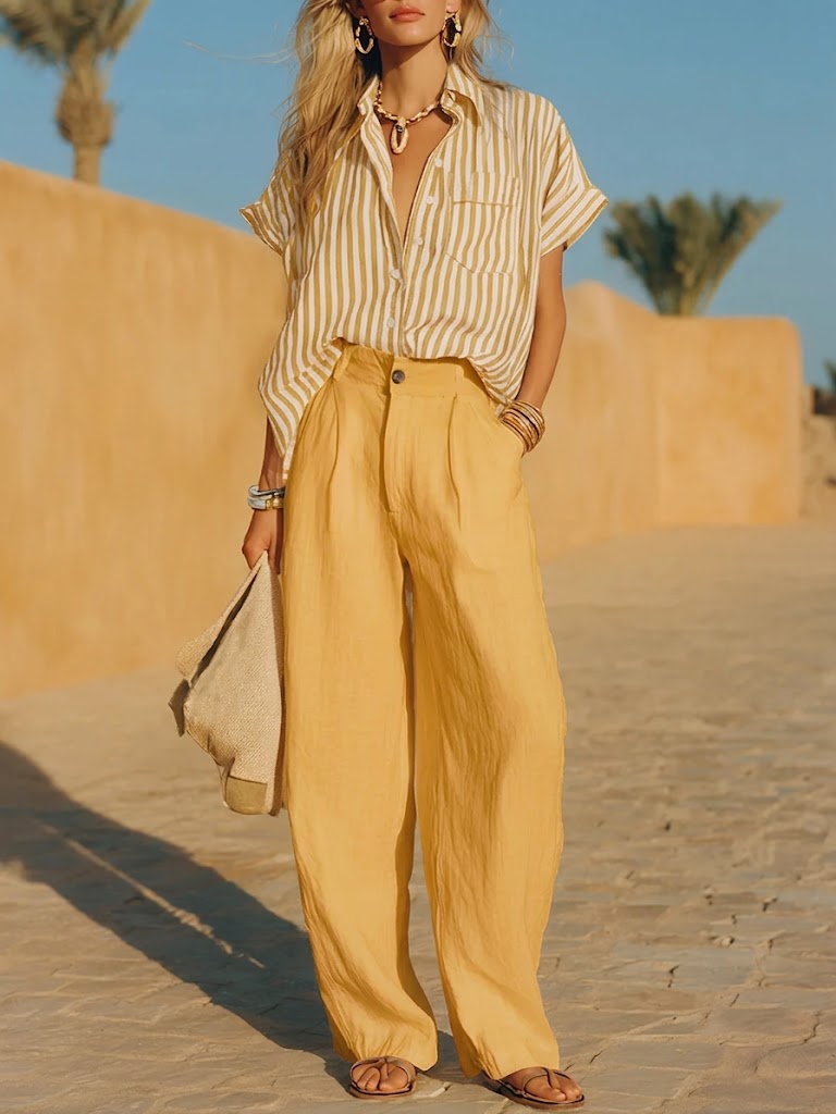 Casual Linen And Cotton Striped Shirt And Solid-color Trousers Two-piece Set