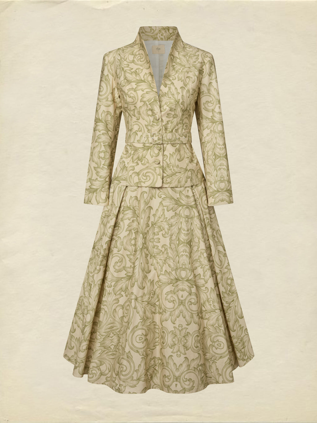 Midi Cotton Skirt Set, Long Sleeves, V Neck, Leaf, Plants, Button Design, Vintage, Light Khaki
