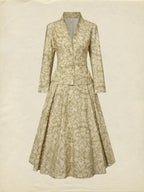 Midi Cotton Skirt Set, Long Sleeves, V Neck, Leaf, Plants, Button Design, Vintage, Light Khaki