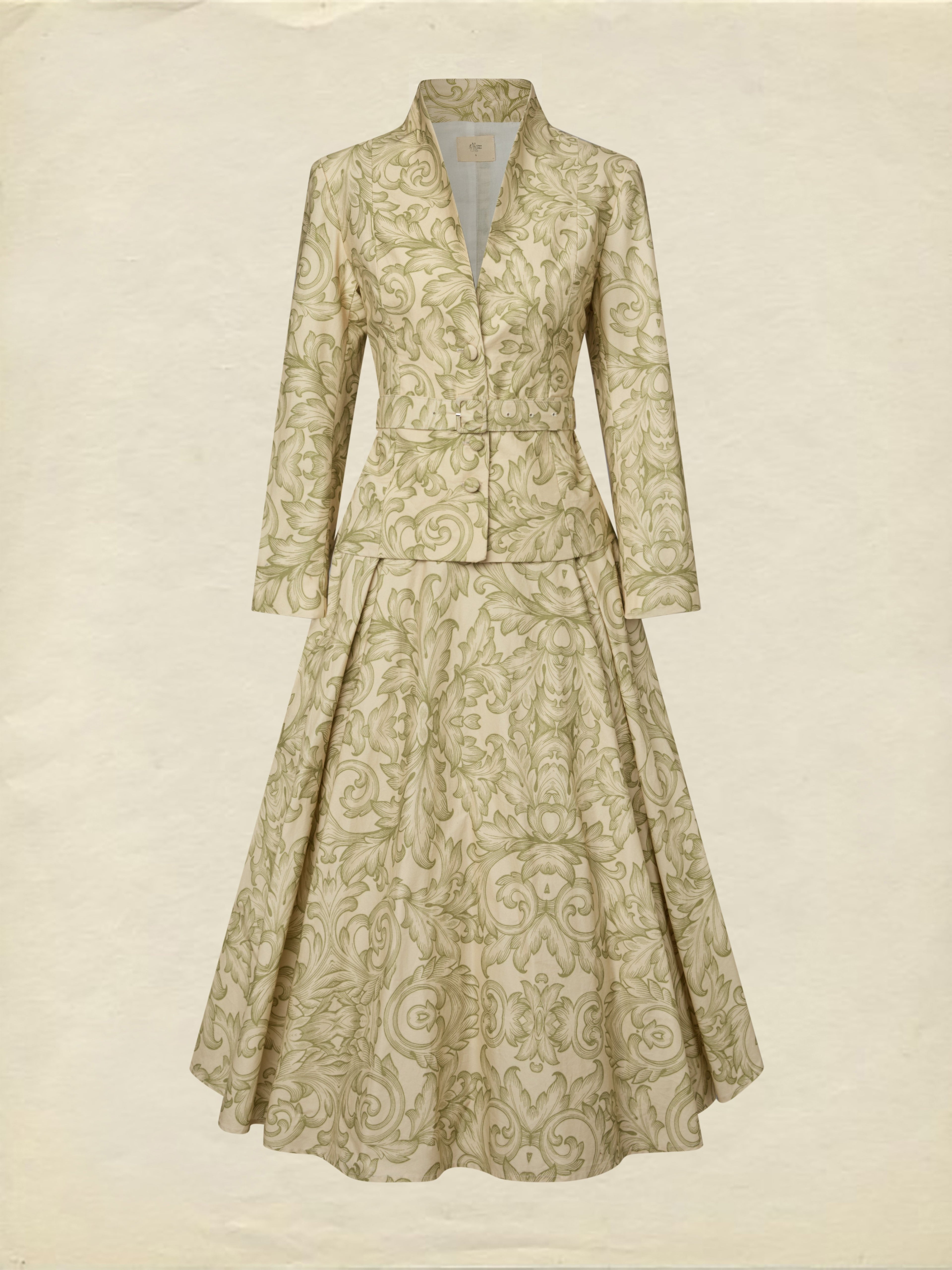 Midi Cotton Skirt Set, Long Sleeves, V Neck, Leaf, Plants, Button Design, Vintage, Light Khaki