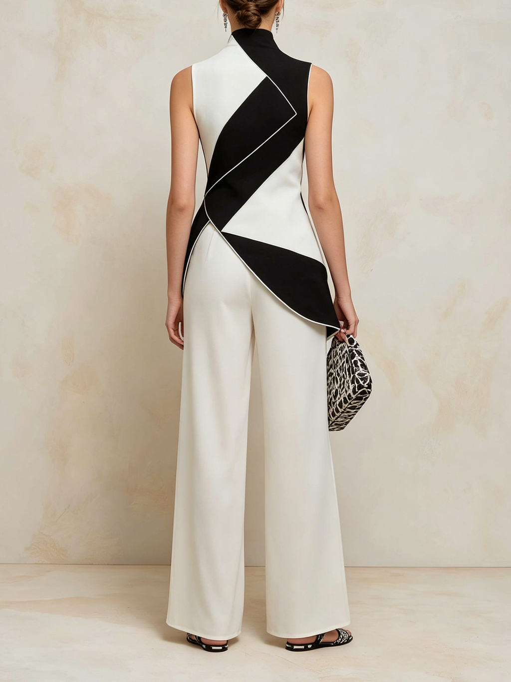 Asymmetric Geometric Color-Block Top & Wide-Leg Pants Set