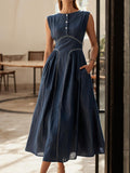 Maxi Linen Dress, Cap Sleeves, Crew Neck, Plain, Pocket Design, French Vintage, Blue